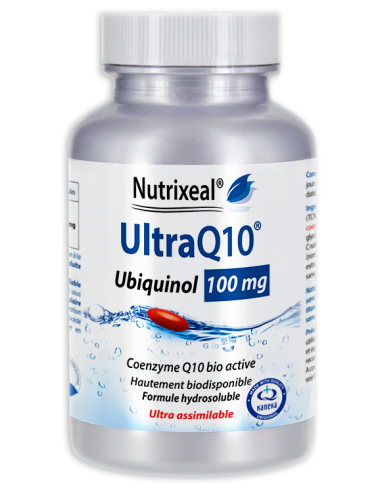 UltraQ10 Vegan Ubiquinol 100 mg Nutrixeal : contient de l'ubiquinol hydrosoluble, forme biologiquement active.