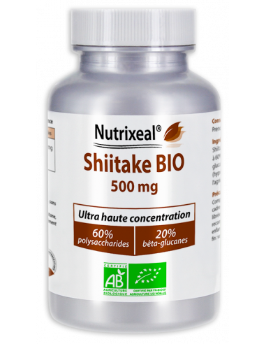 Nutrixeal : shiitake très concentré standardisé à 60% de polysaccharides et 20% de bêta-glucanes. 500 mg par gélule végétale.