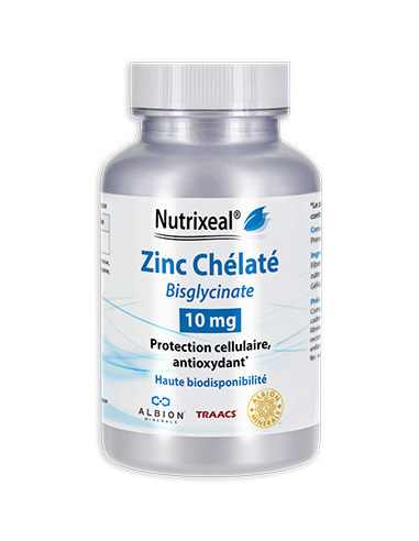 Nutrixeal : zinc chélaté (bisglycinate), haute biodisponibilité, 10 mg de zinc élémentaire par gélule.