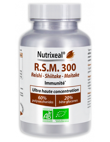 RSM 300 Nutrixeal : Reishi, Shiitake, Maitake, extraits standardisés 60% polysaccharides, 20% bêta-glucanes.